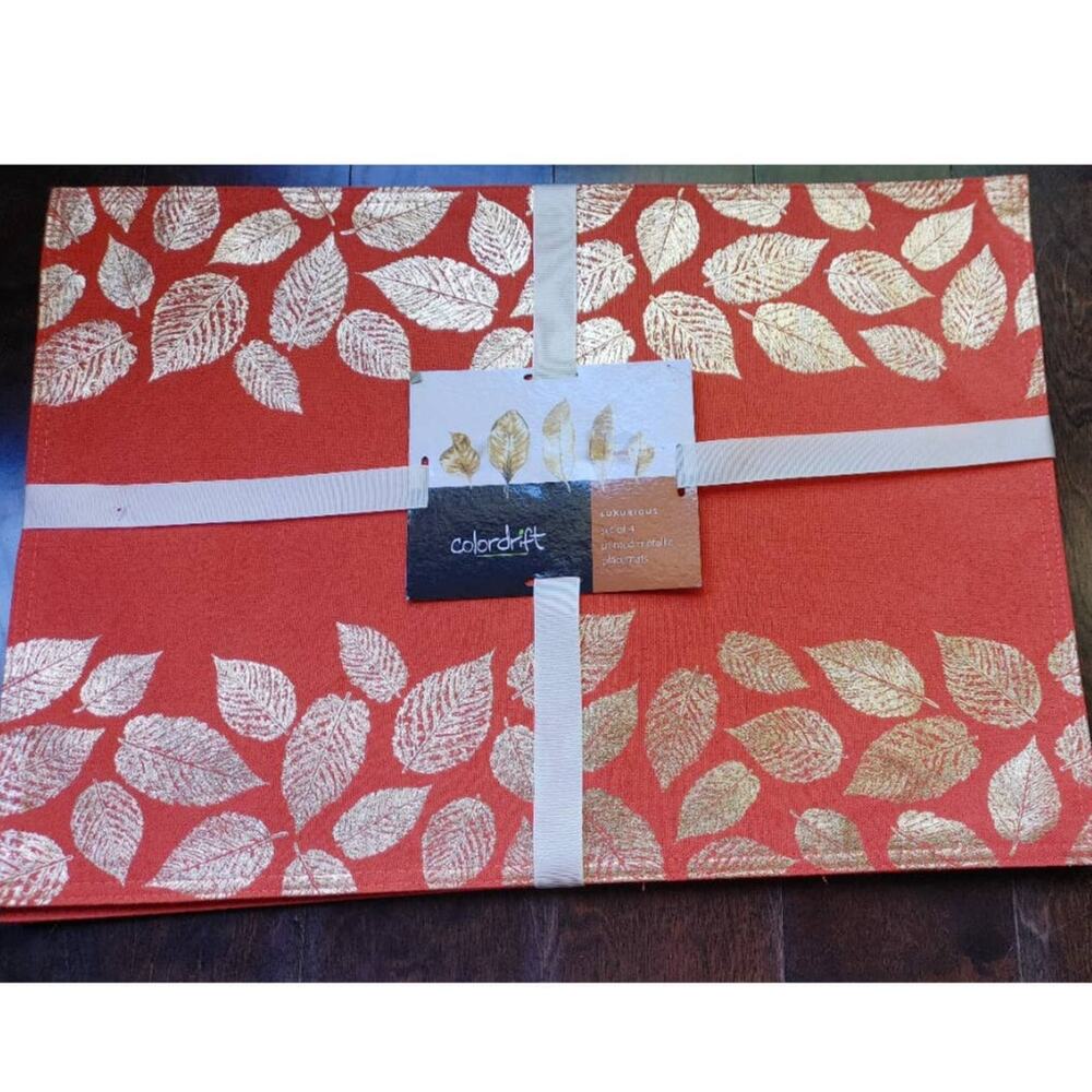 Colordrift Placemats Set of 4 Coral with Gold Metallic Leaf Pattern New